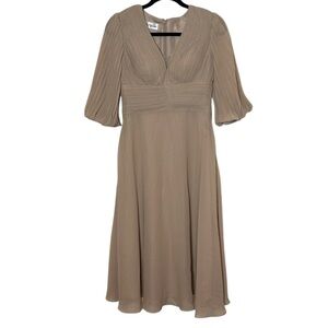 JJs House Taupe Pleated Chiffon V-Neck 3/4  Sleeve Midi Dress with POCKETS